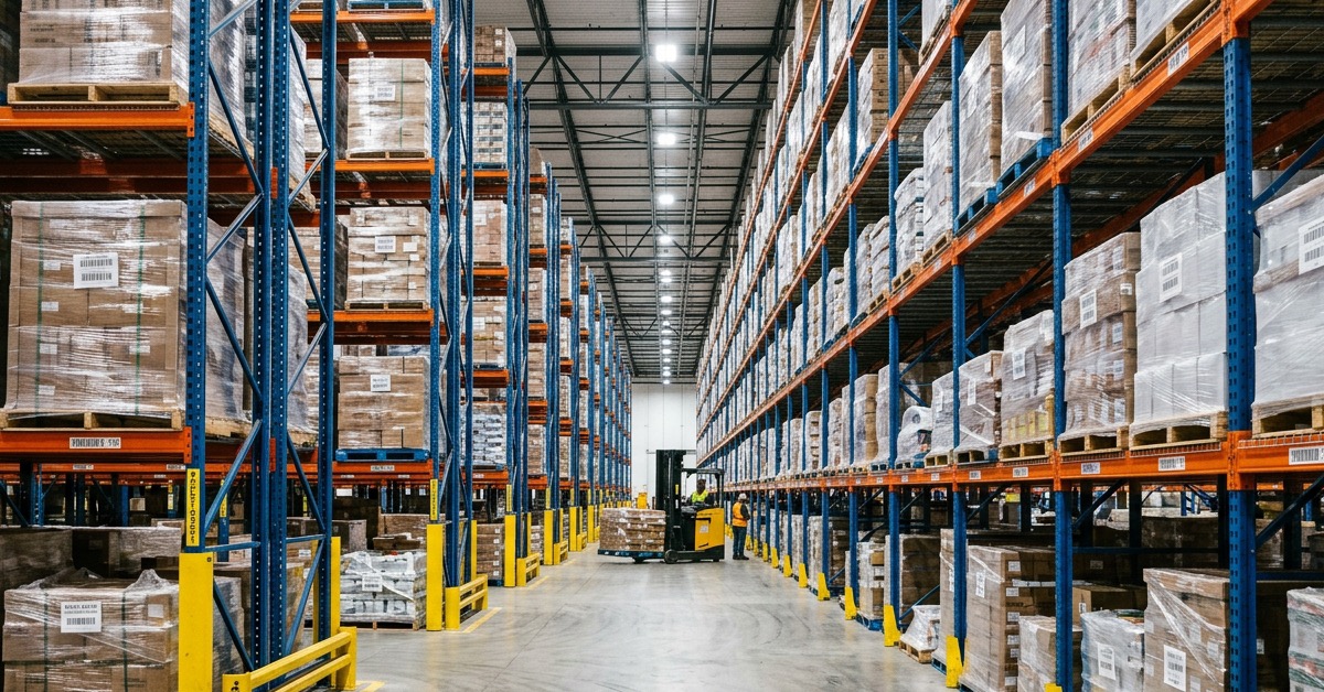 Aisle of heavy-duty selective pallet racking Dexion